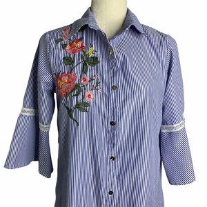 Embroidered Tunic Shirt Dress S Blue Striped Floral Button Down Bell Sleeves